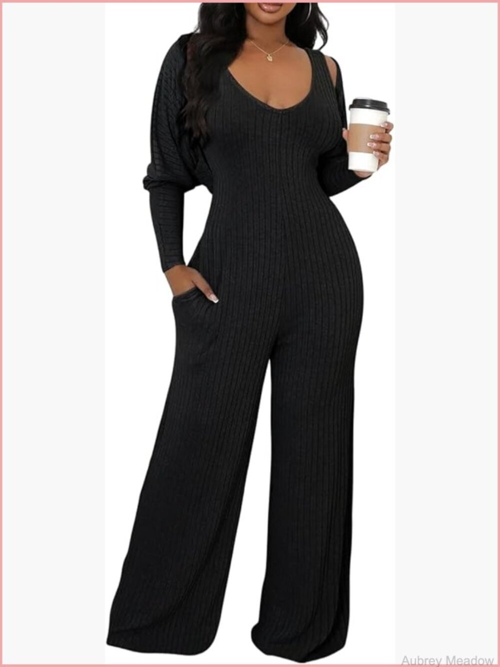 Ribbed Knit 2 Piece Jumpsuit Set with Cardigan and Pockets